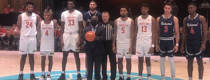 LET’S PLAY BALL: The Bahamas Championship also opened last night and Prime Minister Philip Davis was on hand for the ceremonial jumpball prior to tipoff at the Baha Mar Convention Center.