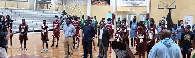 MINISTER of Youth, Sports and Culture Mario Bowleg at the opening of the 1st annual IL Cares Grand Bahama Secondary Schools Basketball Challenge at St George’s gym in Grand Bahama yesterday.