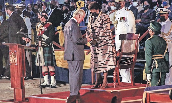 BARBADOS’ new President Sandra Mason, centre right, awards Prince Charles with the Order of Freedom of Barbados during the presidential inauguration ceremony in Bridgetown, Barbados, as Barbados stops pledging allegiance to Queen Elizabeth II as it becomes a republic.