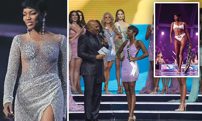 LEFT: The Bahamas’ Chantel O’Brian in the evening gown stage.
CENTRE: Host Steve Harvey, left, speaks with Chantel as she advances to the semi-finals of the 70th Miss Universe pageant, in Eilat, Israel, last night and, inset, Chantel during the swimsuit stage.
Photos: Ariel Schalit/AP