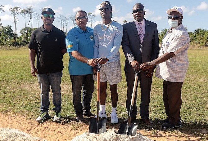 SHOWN, left to right, are coach Geron Sands, BBA secretary general Teddy Sweeting, MLB player Jasrado “Jazz” Chisholm, Minister of Youth, Sports and Culture Mario Bowleg and BBA president Sam Rodgers Sr. Chisholm hosted a ground-breaking ceremony at the Pinewood Sports Complex fields yesterday. Photo: Donavan McIntosh/Tribune Staff