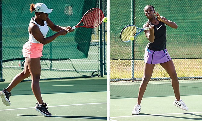 SYDNEY Clarke (left) and Elana Mackey in action yesterday during the Bahamas Lawn Tennis Association’s Giorgio Baldacci Open Nationals. 
Photos: Racardo Thomas/Tribune Staff