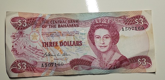 A BAHAMIAN $3 bill.