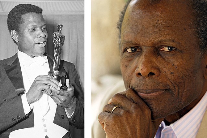 LEFT: Sidney Poitier poses with his Oscar for best actor for "Lillies of the Field" at the 36th Annual Academy Awards in Santa Monica, Calif. on April 13, 1964. 

RIGHT: Sir Sidney Poitier poses for a portrait in Beverly Hills, California in 2008. (AP Photo/Matt Sayles, File)