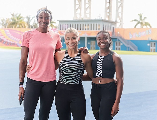 SHOWN, left to right, are Bahamian sprinter Shaunae Miller-Uibo, British long jumper Jazmin Sawyers and Trinidadian sprinter Khalifa St Fort. 
Photos: Donavan McIntosh/Tribune Staff