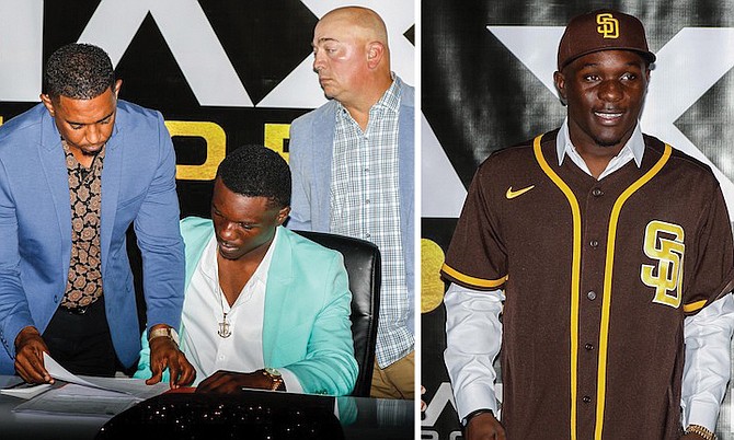 LEFT: Shown, left to right, Greg Burrows Jr, Kashon Conliffe and coach Cliff Terracusso. 
RIGHT: Kashon Conliffe, 16, made it official yesterday when he signed with the San Diego Padres organisation at the Thomas A Robinson National Stadium. He became the fourth Bahamian baseball player to sign a professional contract in the current 2022 Major League Baseball International Signing Period. 


Photos: 10th Year Seniors