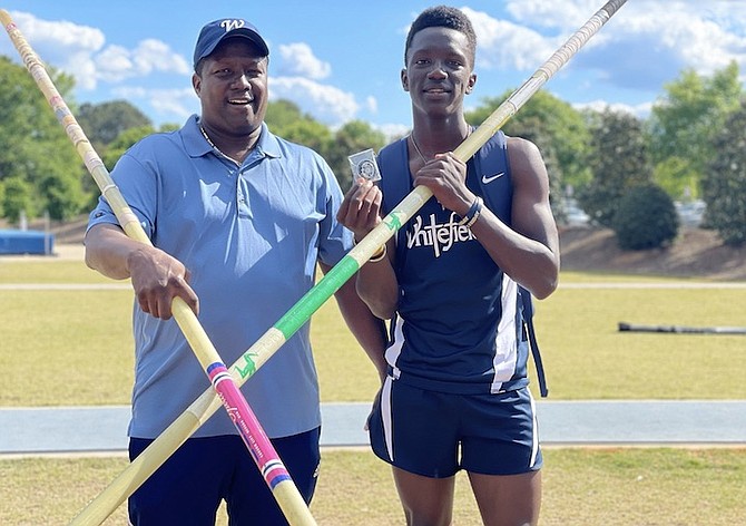 FATHER and son pole vaulters Brent, left, and Brenden Vanderpool. Brent Vanderpool, the Bahamas national pole vault record holder, is training his son to become the next athlete to surpass his mark of 16-feet, 01/2-feet or 4.89 metres that he first established at home in 1987 before he solidified it in Nice, France, on June 12, 1995.