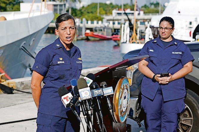 US Coast Guard Captain Jo-Ann F Burdian details the search of 38 missing migrants at a news conference in Miami Beach, Florida, yesterday. The migrants left The Bahamas on Saturday in what the Coast Guard suspects is a human smuggling operation. Photo: Marta Lavandier/AP