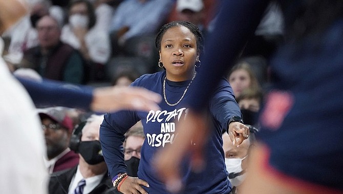 MISSISSIPPI head coach Yolett McPhee-McCuin communicates with players during the first half of an NCAA college basketball game against South Carolina on January 27 in Columbia, S.C. 
(AP Photo/Sean Rayford)