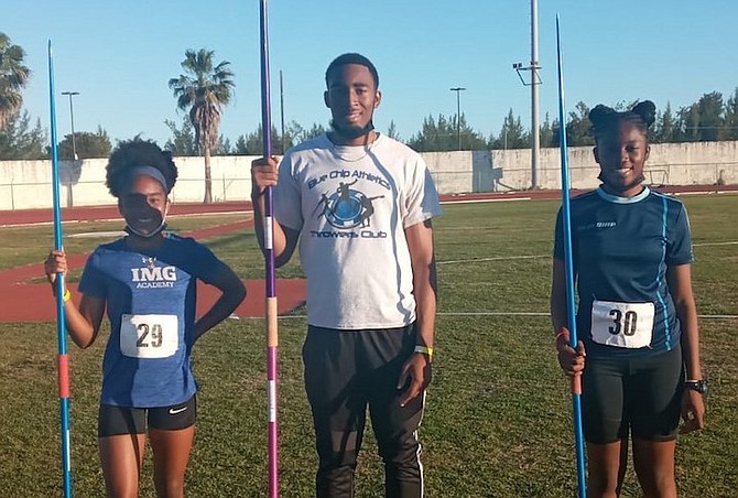 SHOWN, from left to right, are Blue Chips Athletics’ javelin throwers Dior-Rae Scott, Keyshawn Strachan and Kamera Strachan.