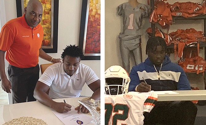MIAMI International Academy outgoing seniors Mazio Randall (left) and Amarie Archer have committed to the Dodge City Community College Conquistadors football programme in Kansas for the upcoming fall semester.