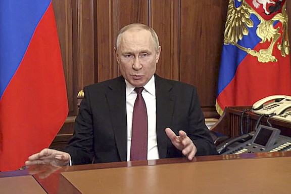 In this image made from video released by the Russian Presidential Press Service, Russian President Vladimir Putin addressees the nation in Moscow, Russia, Thursday. (Russian Presidential Press Service via AP)