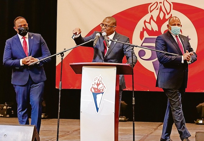 FROM LEFT: The FNM’s new Deputy Leader Shanendon Cartwright, Leader Michael Pintard and new Chairman Dr Duane Sands on stage at the last night of the convention. Photo: Donavan McIntosh/Tribune staff