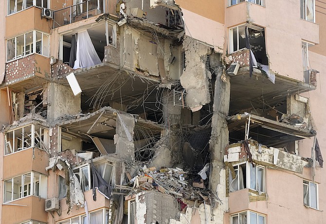 An apartment building damaged following a rocket attack on the city of Kyiv, Ukraine, Saturday.