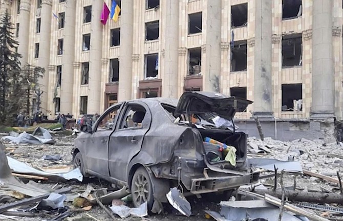 The regional administration building in Kharkiv's central square, Ukraine, after Russian shelling on Tuesday. (State service of special communication and information protection of Ukraine via AP)