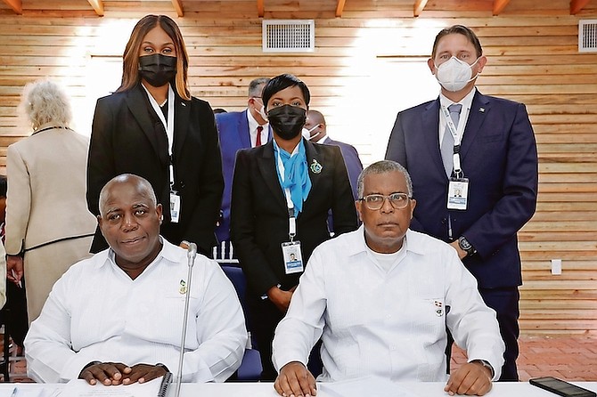 In Belize at the CARICOM-SICA Summit: Standing – Sea Breeze MP Leslia Brice, Minister for Grand Bahama Ginger Moxey, Central and South Abaco MP John Pinder. Seated – Prime Minister Philip 'Brave' Davis and Minister of Foreign Affairs and the Public Service Fred Mitchell.