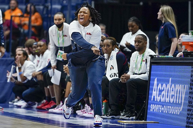 MISSISSIPPI head coach Yolett McPhee-McCuin reacts to a score against South Carolina in the second half of an NCAA college basketball semifinal round game at the women’s Southeastern Conference tournament on Saturday in Nashville, Tenn.
(AP Photo/Mark Humphrey)