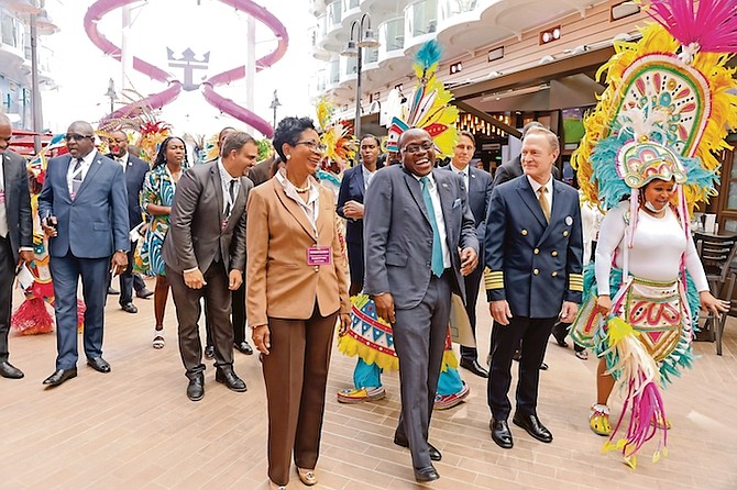 ANN MARIE DAVIS, the wife of Prime Minister Philip “Brave” Davis, Deputy Prime Minister Chester Cooper, Captain Rob Hempstead and other government officials enjoying a Junkanoo Rushout aboard the Wonder of the Seas.