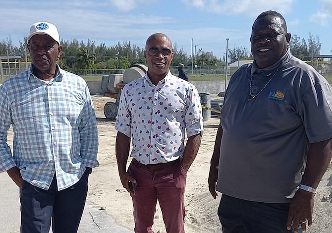 FROM left to right are Greg Burrows Sr, Teran Mackey and Lawrence Hepburn. They are calling on the public to stop the vandalism of the fence being constructed around the four fields at the Baillou Hills Sporting Complex.
Photos: Jervonne Williams