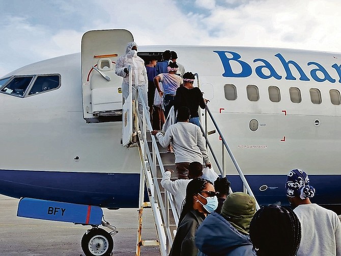 HAITIANS boarding a Bahamasair flight for repatriation yesterday.