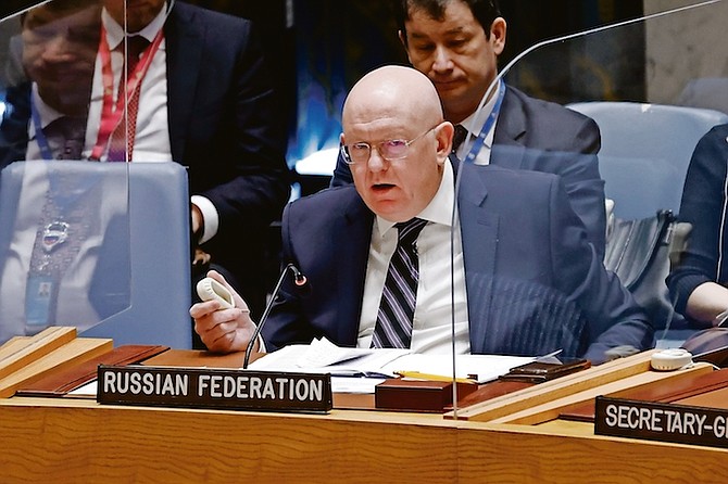 RUSSIA’S ambassador Vasily Nebenzya speaks at the end of a meeting of the United Nations Security
Council at UN headquarters on Friday. Photo: Jason DeCrow/AP