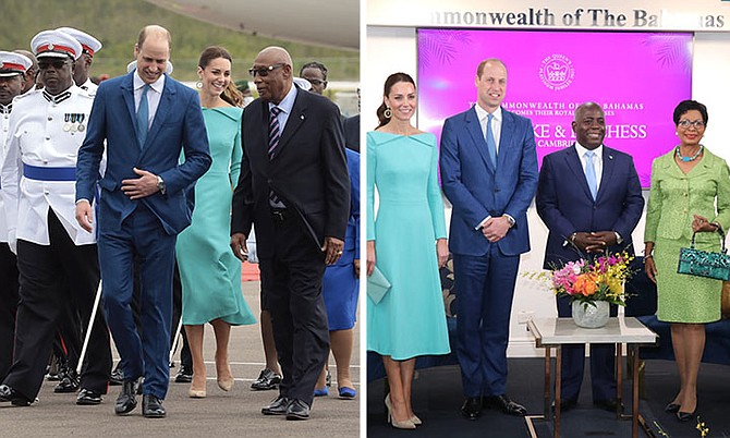 LEFT: The Duke and Duchess of Cambridge with officials, including Governor General CA Smith, at Lynden Pindling International Airport. Photo: Donavan McIntosh/Tribune staff


RIGHT: The Royal couple with Prime Minister Philip 'Brave' Davis and Ann Marie Davis at the Office of the Prime Minister. Photo: Eric Rose/BIS