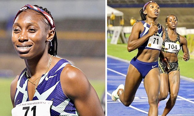 ON THE REPLAY: Anthonique Strachan leads Jamaican Sashalee Forbes through the finish line in the 100m at the Wolmer Speedfest in Kingston, Jamaica, on Saturday. As the outdoor season officially got underway, Strachan lowered her decade-old lifetime best for the victory.