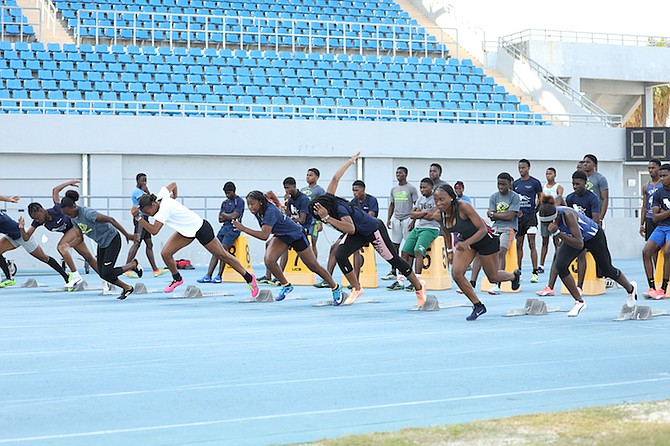 ON YOUR MARKS: In anticipation of the finals trials this weekend and subsequently the CARIFTA Games over the Easter holiday weekend, the top sprinters eligible for Team Bahamas got a chance to go through a block start session. As he has been for the past few years just before the trials, former national record holder and Olympian turned Swift Athletics’ head coach Andrew Tynes organised the event at the Thomas A Robinson National Stadium. The session was conducted by Courtney Wallace, the president of the Bahamas Association of Certified Officials (BACO).