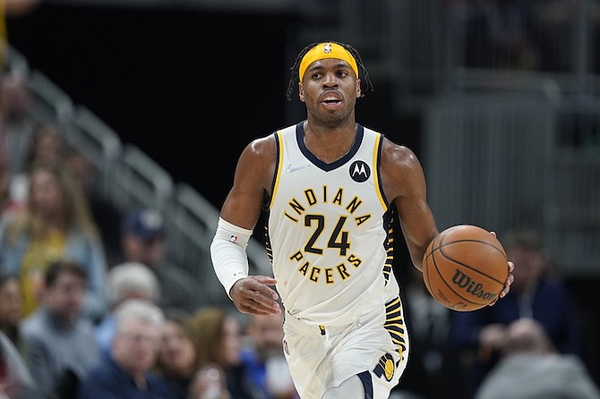 INDIANA Pacers’ Chavano “Buddy” Hield dribbles during the second half of an NBA basketball game against the Atlanta Hawks on Monday in Indianapolis.
(AP Photo/Darron Cummings)