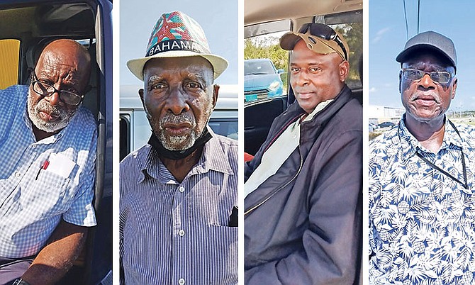 FROM LEFT: Taxi driver Wilbert McDonald has joined fellow cab drivers in Grand Bahama in a call for help; David Musgrove said 'it is not right' for straw vendors and hair braiders to receive support but not taxi drivers; Darren Laing said ‘I have been a taxi driver on and off for about 30 years. It is just hard for taxi drivers. I see it every day. This is the second day I come out here at the airport and nothing happen. It is hard for us'; Lloyd Miller said 'what this current government is doing to us is not right'.

Photos: Denise Maycock/Tribune Staff
