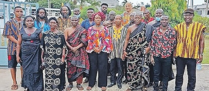 ANGELIQUE MCKAY, centre front, with Busuaa elders and members of Sankofa Flamingo foundation, including Dr Michael Pateman, Robin Lightbourne, and Oswald “Ras Copper” White.