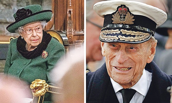 Britain’s Queen Elizabeth II attends a Service of Thanksgiving for the life of Prince Philip, Duke of Edinburgh, at Westminster Abbey in London, on Tuesday, March 29, and, right, Prince Philip pictured in 2016.
