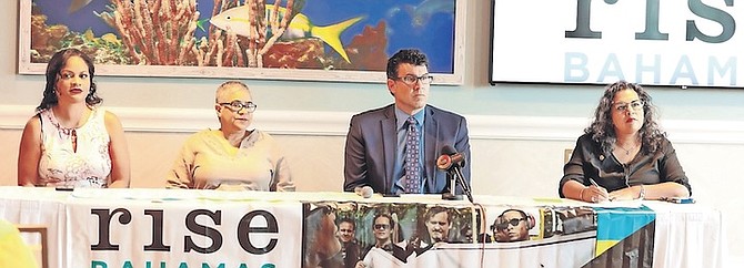 THE IMAGINE Local Government launch with Rise Bahamas and ORG yesterday. From left, Terneille Burrows, of Rise Bahamas; Dr Nicolette Bethel; Matt Aubry, of ORG, and moderator Azaleta
Ishmael-Newry. Photos: Donavan McIntosh/Tribune Staff