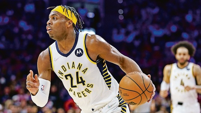 INDIANA Pacers’ Buddy Hield in action during an NBA basketball game against the Philadelphia 76ers, Saturday, in Philadelphia. The 76ers won 133-120.
(AP Photo/Chris Szagola)