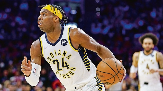 INDIANA Pacers’ Buddy Hield in action during an NBA basketball game against the Philadelphia 76ers, Saturday, in Philadelphia. The 76ers won 133-120.
(AP Photo/Chris Szagola)