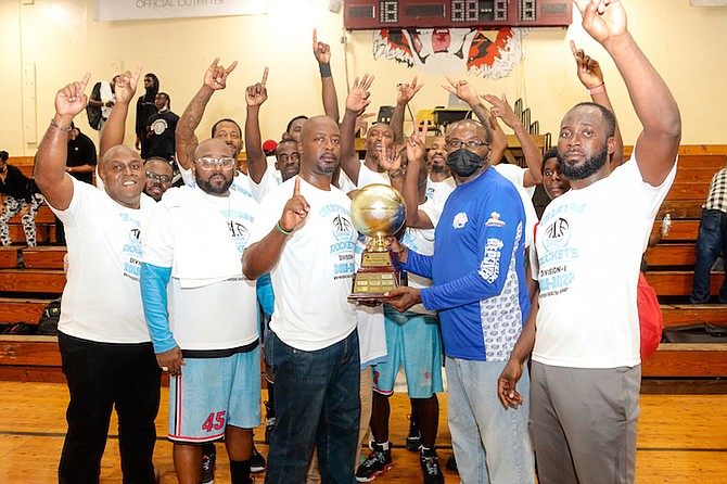 THE DISCOUNT Distributors Rockets celebrated with a three-game sweep of the New Providence
Basketball Association men’s division one championship series, dethroning the Commonwealth
Bank Giants.
Photo by Donavan McIntosh/Tribune Staff