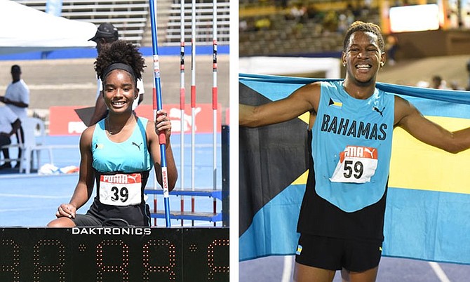 LEFT: Dior-Rae Scott celebrates her gold-medal performance in the under-17 girls’ javelin. 
RIGHT: Curtis Mitchell celebrates his gold medal in the under-20 boys 5,000 metres. 
Photos: Trackalerts.com