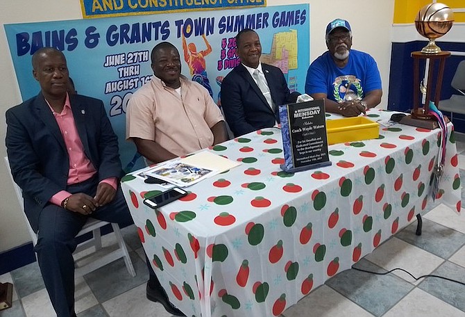 THE INAUGURAL Bain and Grants Town Summer Games is announced by Sean Bastian, sports
chairman Mark Knowles, MP Wayde Watson and honouree Fred “Papa” Smith.
