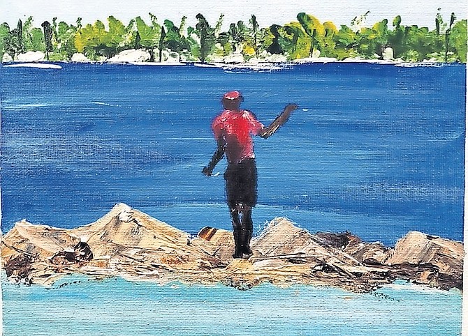 ART on show includes this piece titled Man on the Rocks - Throw Your Line.