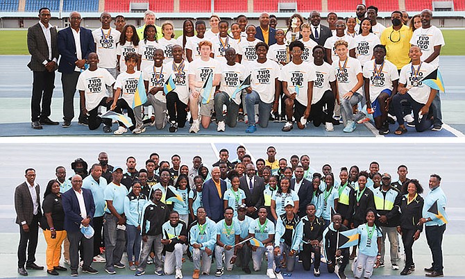 JOB WELL DONE TEAM BAHAMAS - Members of the 2022 CARIFTA Games track and field (shown below) and swimming teams (above) during their reception yesterday.
Photos: Racardo Thomas/Tribune Staff