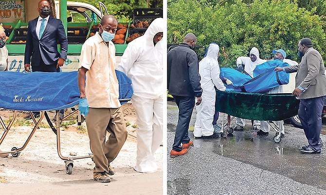 Bodies being taken away from the scenes in Baillou Hill Road, left, and the Joe Farrington Road area. 
Photos: Donavan McIntosh and Earyel Bowleg/Tribune Staff