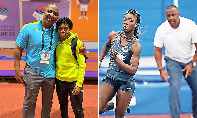 LEFT: Coach Rolando 'Lonnie' Greene shares a moment with World Indoors 100m hurdles silver medalist Devynne Charlton. 
RIGHT: Coach Rolando 'Lonnie' Greene giving instructions to Olympian Megan Moss.