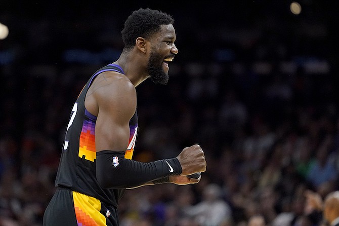 PHOENIX Suns centre Deandre Ayton reacts to making a basket against the New Orleans Pelicans during the first half of Game 5 of their NBA basketball first-round playoff series on Tuesday, night in Phoenix. 
(AP Photo/Matt York)