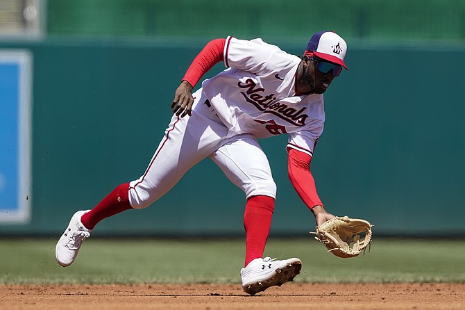 WASHINGTON Nationals shortstop Lucius Fox (26) in action during a baseball game against the Miami Marlins at Nationals Park, yesterday in Washington.
(AP Photo/Alex Brandon)