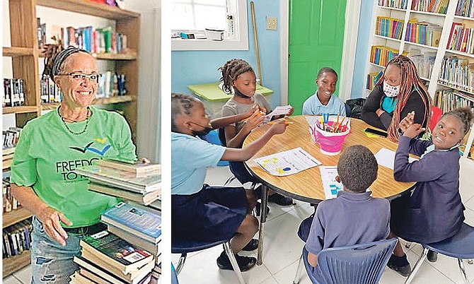 Freedom To Read Inc. founder Susy Siel showing books before she catalogs them and, right, children in Eleuthera at one of the libraries she built.