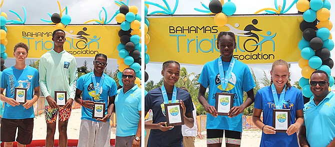 SWIM, CYCLE & RUN - Shown here are some of the respective category winners in the Bahamas Triathlon Association’s National Championships in 2019. This year’s event, which will serve as the final trials for the CARIFTA and Commonwealth Games, is scheduled for Sunday, May 15, at Jaws Beach.