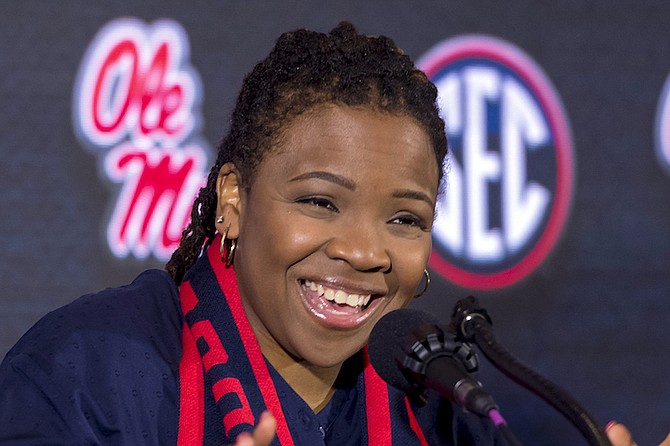 MISSISSIPPI head coach Yolett McPhee-McCuin speaks during the Southeastern Conference women’s NCAA college basketball media day October 18, 2018, in Birmingham, Alabama. McPhee- McCuin has agreed to a new contract running through 2026 after leading the Rebels to their first NCAA Tournament in 15 years, the school announced yesterday. (AP Photo/Vasha Hunt)
