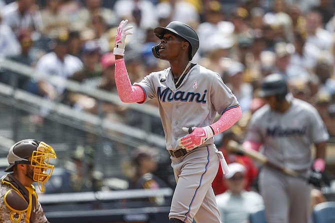 MIAMI Marlins’ Jazz Chisholm Jr, of The Bahamas, celebrates while crossing home plate after hitting a solo home run against the San Diego Padres during the sixth inning of a baseball game yesterday in San Diego. 
(AP Photo/Mike McGinnis)