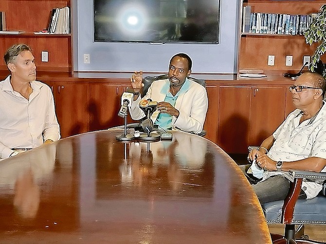 From left: Sean Geiser; Troy McIntosh, deputy director of Building and Development Department at GBPA; and Ramdeo Ramdass, operation manager at Bahamas Hot Mix, announce $1M roadworks project in Freeport.