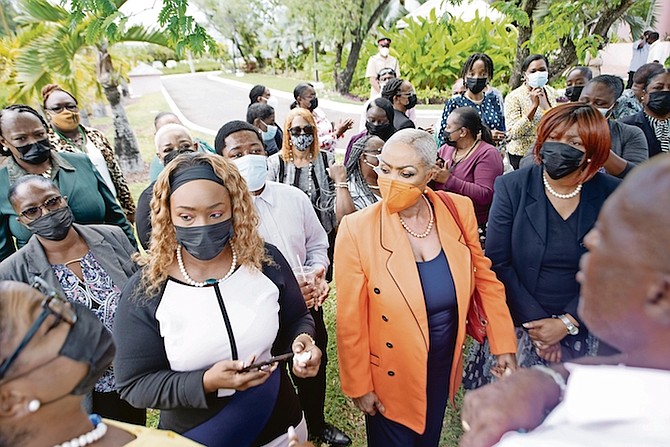 Members of the Bahamas Public Services Union protesting outside the Office of the Prime Minister yesterday. Photo: Moise Amisial